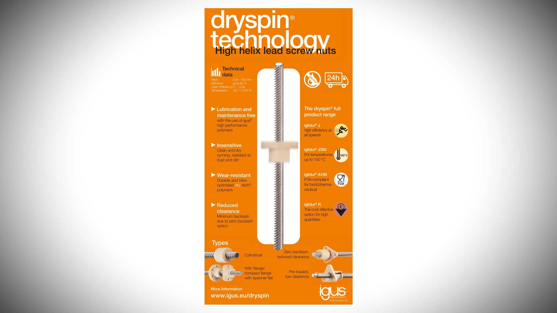 dryspin® flange lead screw nut with spanner flat, high helix 